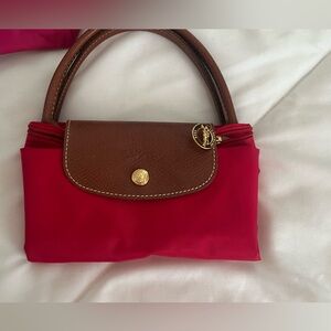 Longchamp le pliage mini Red Nylon Tote with Brown Leather Trim